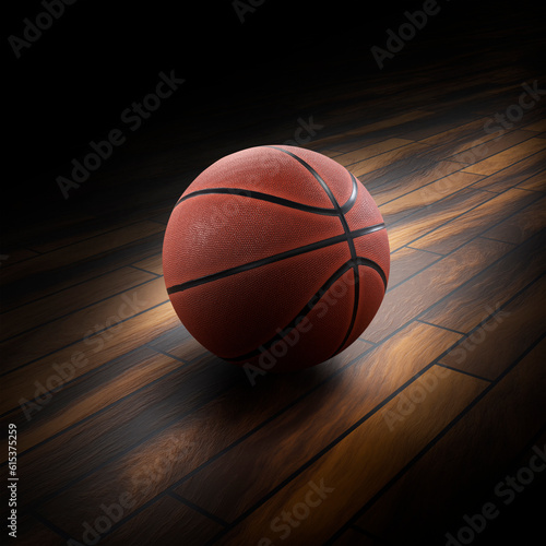 A basketball with a dark background on a hardwood gym floor © Retouch man
