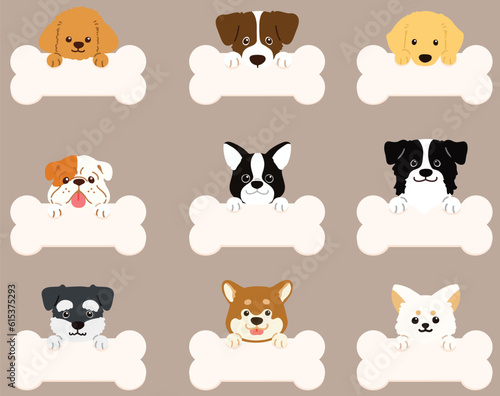 Set of flat colored dog face illustrations with paws holding a bone