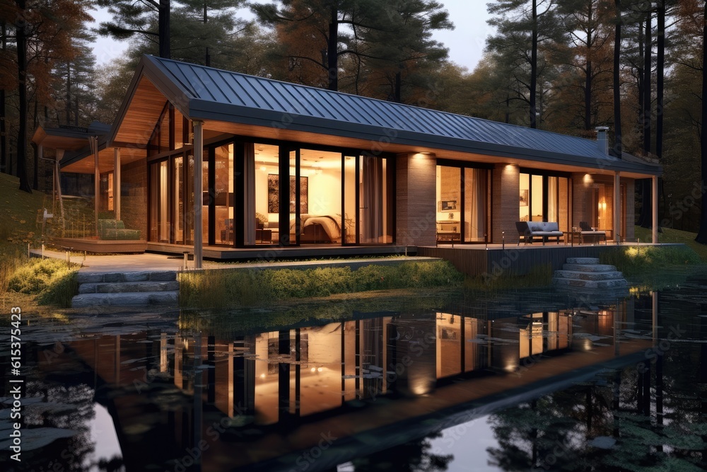 Modern exterior of a luxury villa in a minimal style in forest, Luxury glamping. Modern exterior of a luxury villa in a minimal style in forest, Luxury glamping.