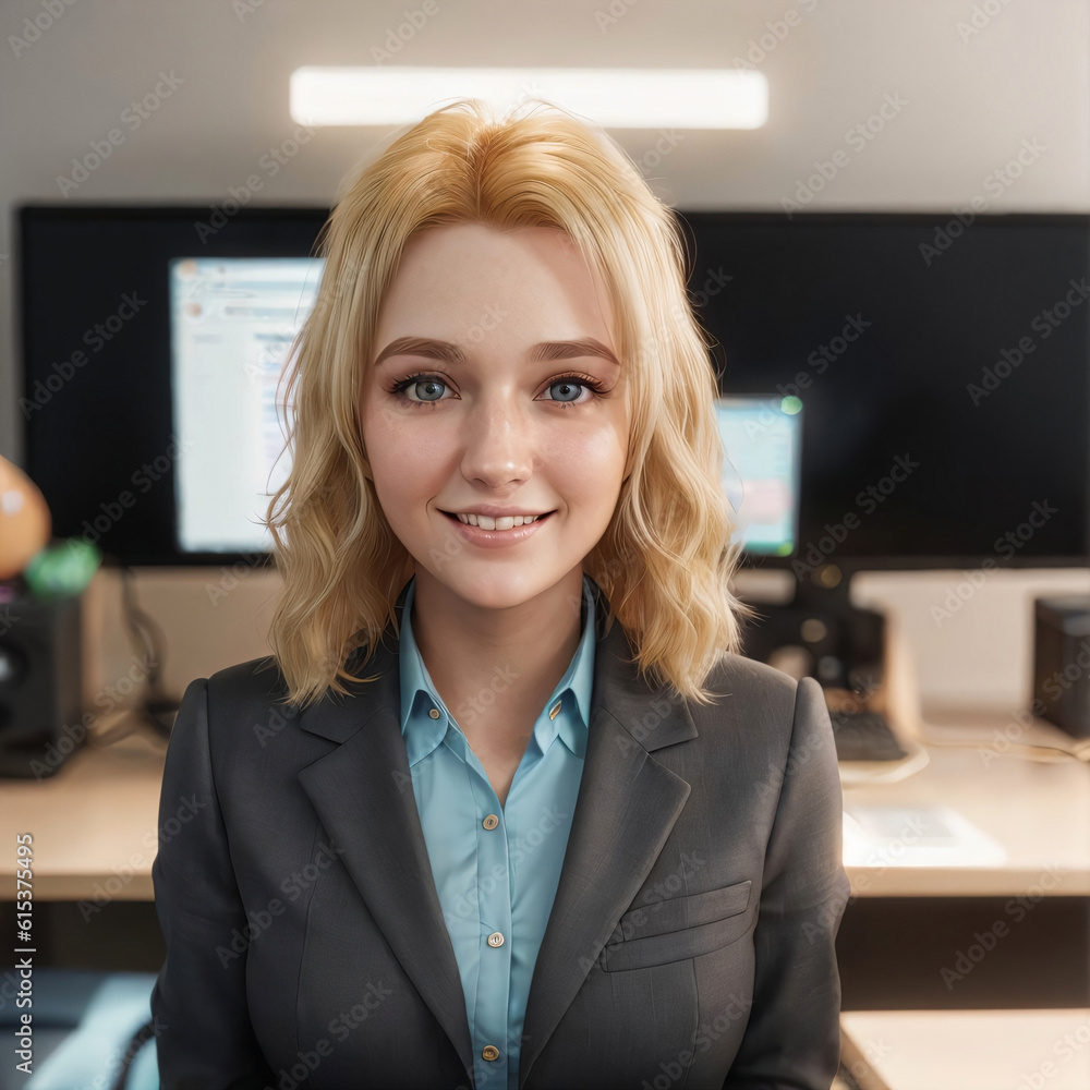 3d illustration of face avatar of happy man in office with some computers in background 3d illustration of face avatar of happy man in office with some computers in background