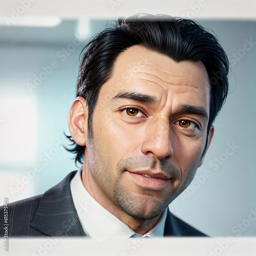3d illustration of face avatar of happy man black hair some facial hairs in office with some computers in background, generative AI
