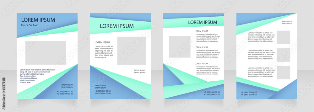 Blue and turquoise blank brochure layout design. Advert info. Vertical poster template set with empty copy space for text. Premade corporate reports collection. Editable flyer paper pages