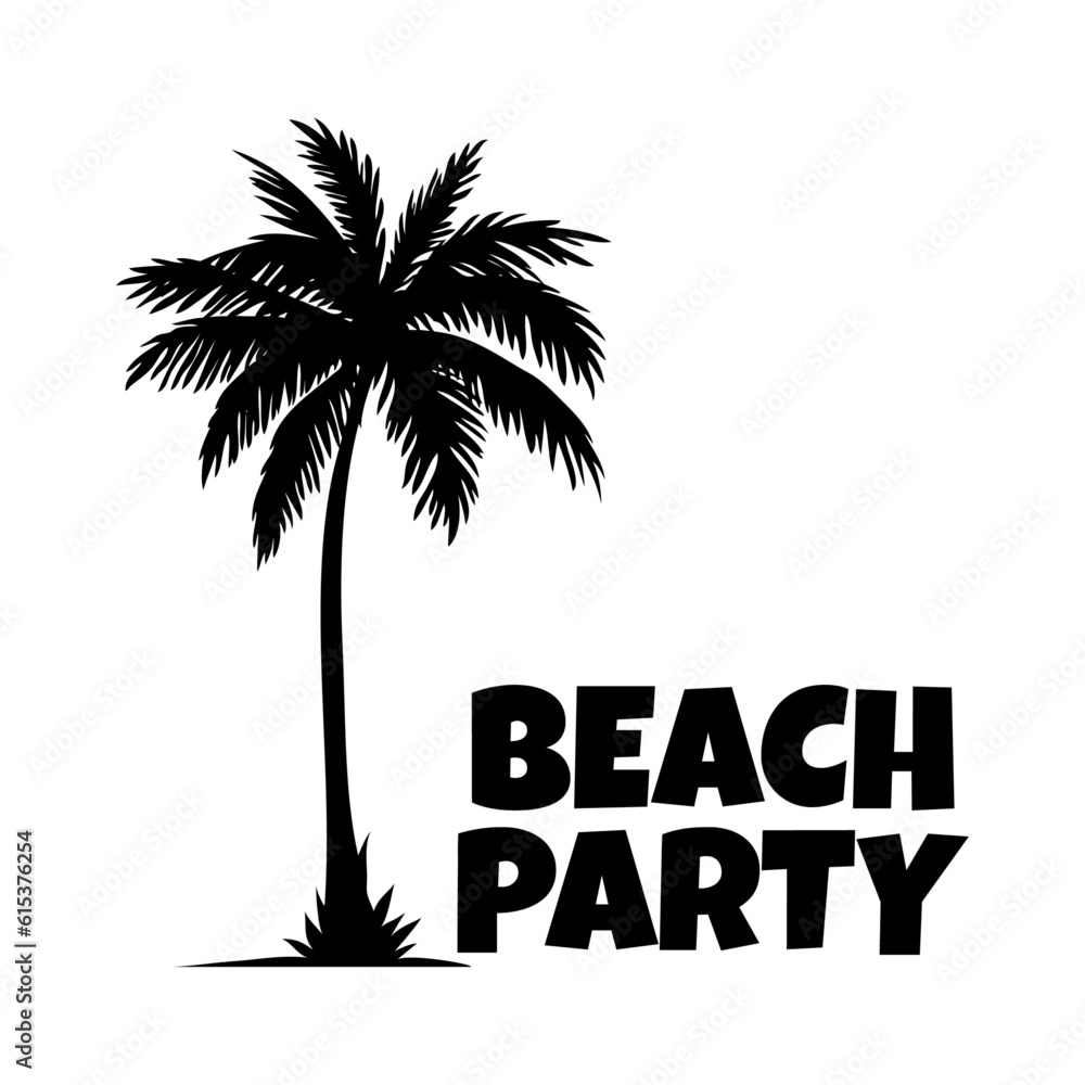 Logo vacaciones de verano. Letras de la palabra Beach Party en la arena de una playa con silueta de palmera