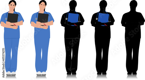 Hand-drawn female healthcare worker. Happy smiling female doctor with a stethoscope. Nurse in blue uniform holding clipboard. Vector flat style illustration set isolated on white. Full length view	