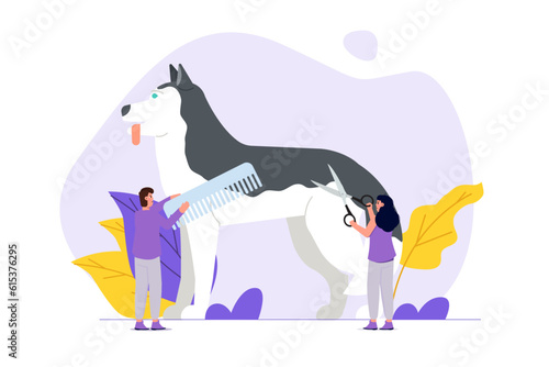 People grooming dog, groomer salon pet care service concept, concept. Vector Illustration.