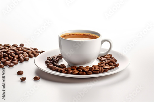 coffee cup and beans on white background, Generative AI