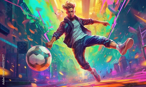Athlete Male Soccer Player  Sport Man Playing Football Colorful Background. Generative Ai