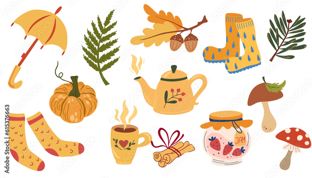 Cozy Autumnal collection with seasonal different elements, pumpkin, tea, socks, mushrooms, plants. Fully fall feeling. Vector hand draw illustration isolated on white background Cozy Autumnal collection with seasonal different elements, pumpkin, tea, socks, mushrooms, plants. Fully fall feeling. Vector hand draw illustration isolated on white background