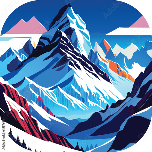 Vector wallpaper with a landscape, a mountain majestic mountain range with snow-capped peaks and sprawling glaciers, poster art , richly colored skies.