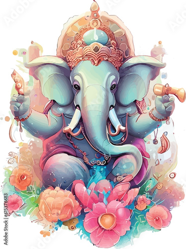 Watercolor Ganesh picture among colorful flowers and everlasting good fortune helps increase luck, money, health and prosperity in life.
