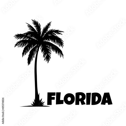 Logo vacaciones en Florida. Letras de la palabra Florida en la arena de una playa con silueta de palmera