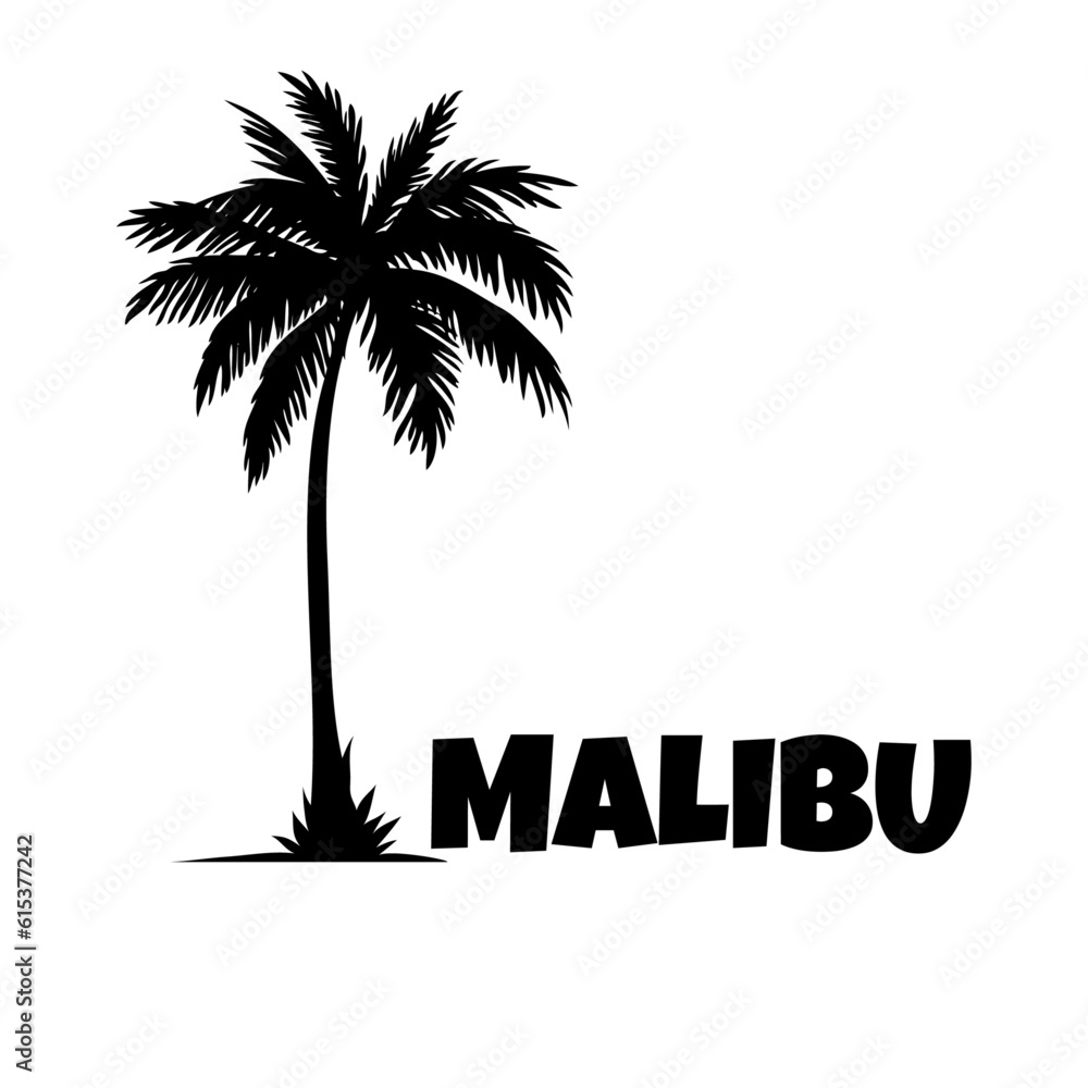 Naklejka premium Logo vacaciones en California. Letras de la palabra Malibu en la arena de una playa con silueta de palmera