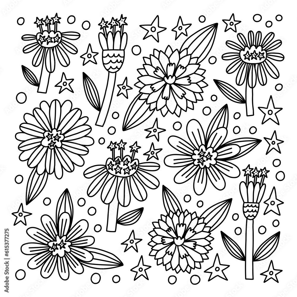 Fototapeta premium Doodle Flower Common Zinnias coloring book. Hand Drawn vector naive floral for drawing