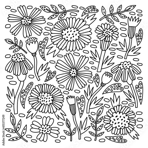 Doodle Flower Marigold coloring book. Hand Drawn vector naive floral for drawing