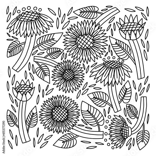 Doodle Flower Sunflower coloring book. Hand Drawn vector naive floral for drawing