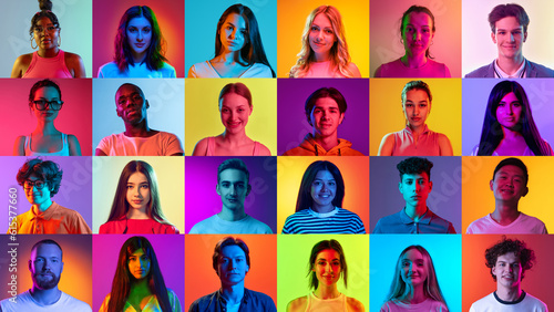 Collage made of portraits of young people of diverse age, gender and race looking at camera against multicolored background in neon light