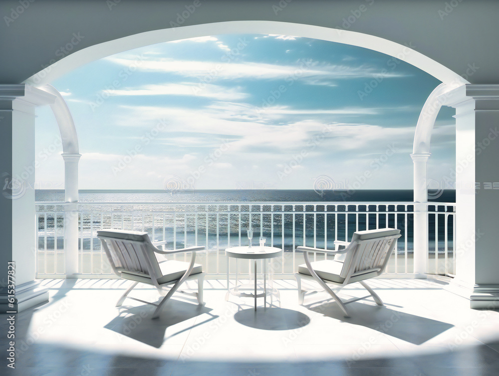 Fototapeta premium elegant sea view with chairs on the terrace overlooking white seafront