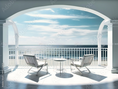 elegant sea view with chairs on the terrace overlooking white seafront