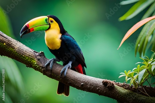A colorful toucan perched on the branch of an ancient tree, surrounded by lush green foliage in its tropical habitat