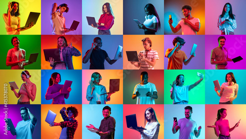 Collage made of portraits of young men and women using different gadgets for work and communication over multicolored background in neon light