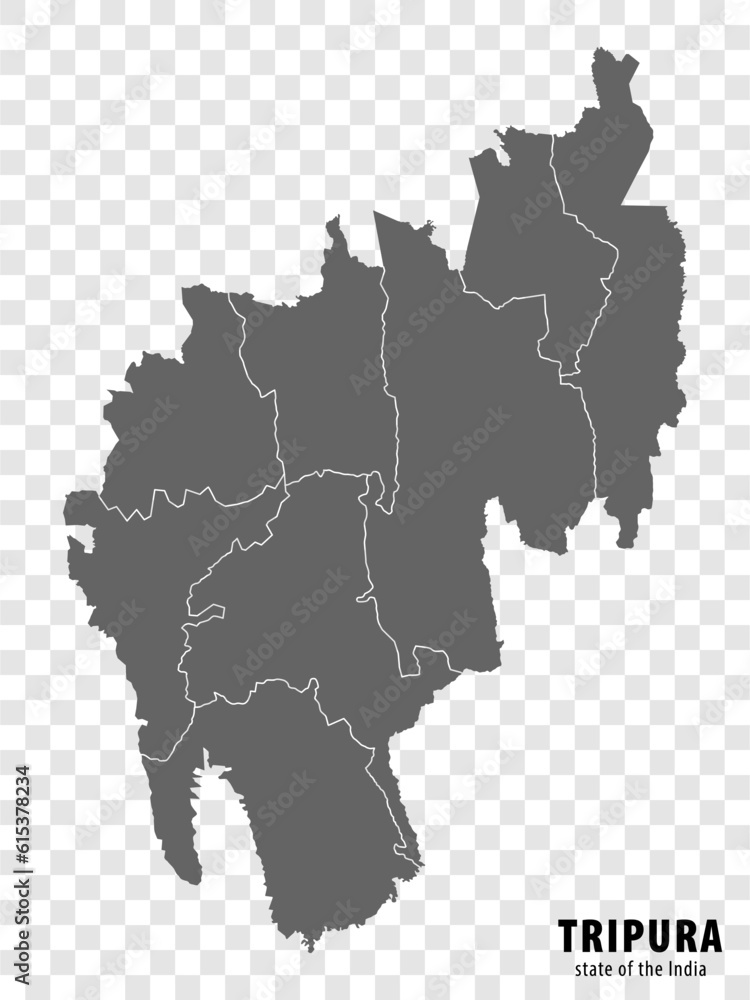 Blank map State  Tripura of India. High quality map Tripura with municipalities on transparent background for your web site design, logo, app, UI. Republic of India.  EPS10.