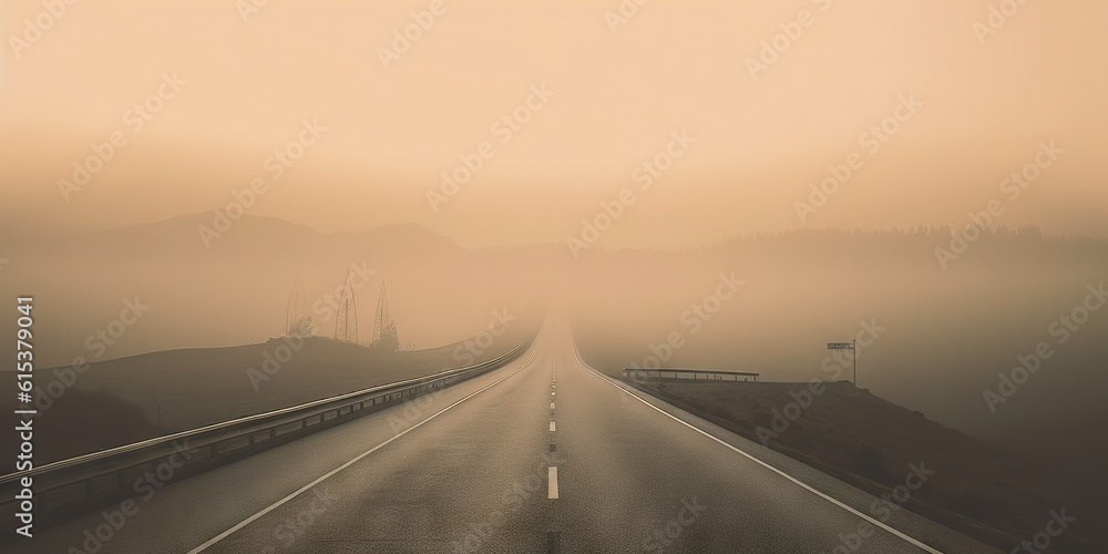 Fototapeta premium Minimalistic misty empty highway. Foggy road. Mystery travel concept. Generative AI