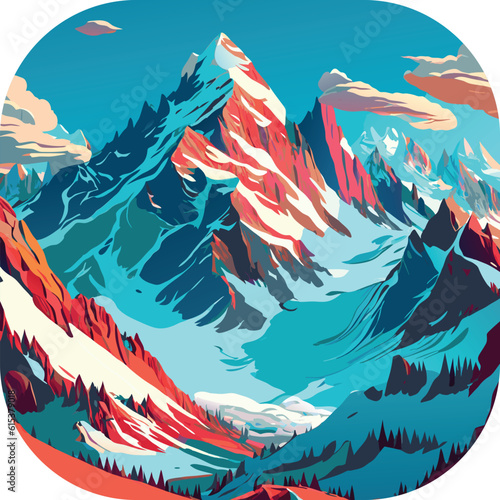 Vector wallpaper with a landscape, a mountain majestic mountain range with snow-capped peaks and sprawling glaciers, poster art , richly colored skies.