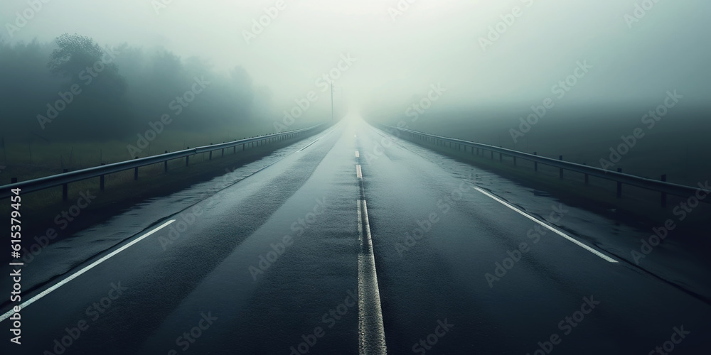 Minimalistic wet road and rain. Wet empty highway. Generative AI