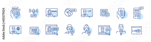 TV and news media resources. Online access to live translations, podcasts, newspapers and reports. Pixel perfect, editable stroke icons set