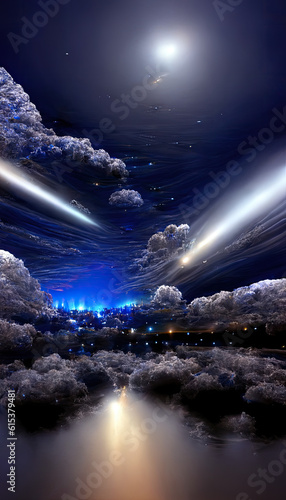 Dreamlike Nocturne: Captivating CG Rendering of Lights, Clouds, and Celestial Beauty