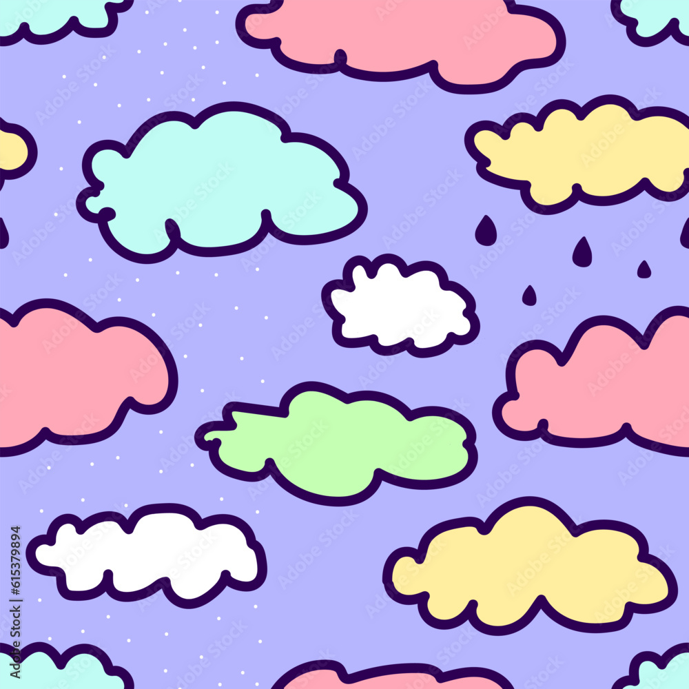 Seamless fairy pattern of clouds with snow and rain. Cute illustration for wallpaper, wrapping paper, textile for children. Multicolored hand-drawn clouds with a black outline on a violet background Seamless fairy pattern of clouds with snow and rain. Cute illustration for wallpaper, wrapping paper, textile for children. Multicolored hand-drawn clouds with a black outline on a violet background