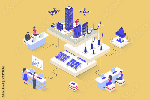 Green city concept in 3d isometric design. Cityscape with skyscrapers  alternative energy sources and eco friendly infrastructure. Illustration with isometry people scene for web graphic