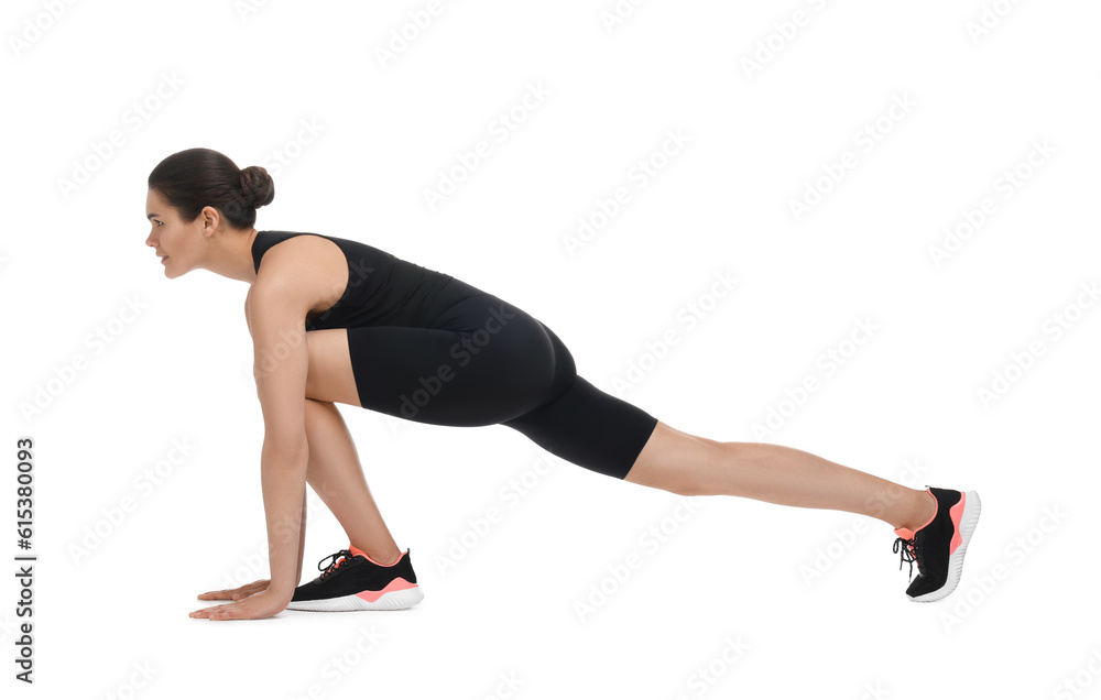 Woman stretching on white background. Morning exercise Woman stretching on white background. Morning exercise