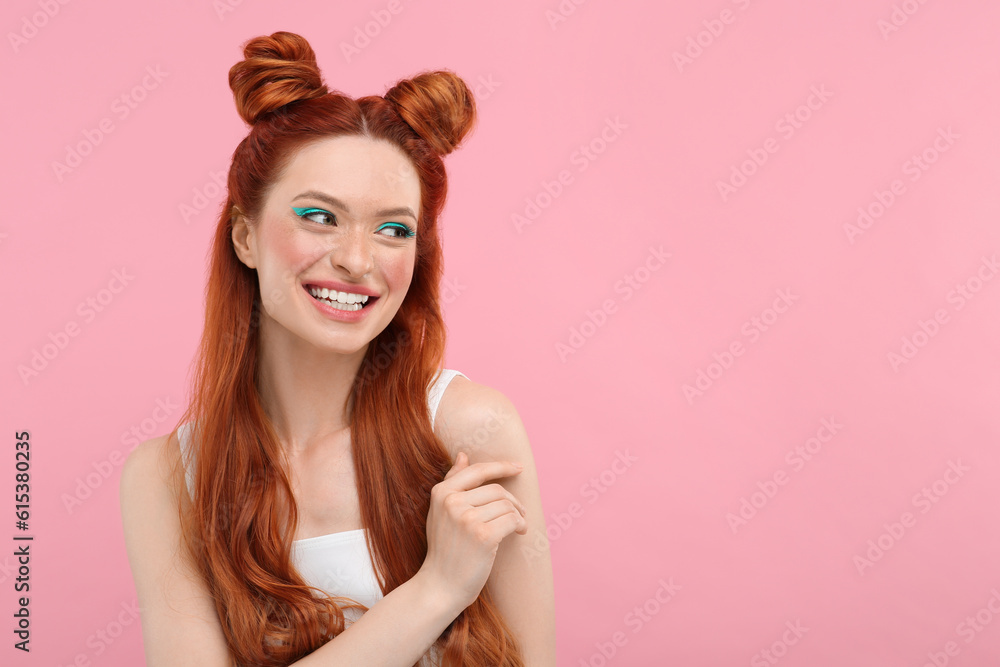 Happy woman with bright makeup on pink background. Space for text Happy woman with bright makeup on pink background. Space for text