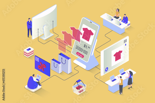 Online shopping concept in 3d isometric design. Buyers choose products with discount prices using mobile applications and store sites. Illustration with isometry people scene for web graphic
