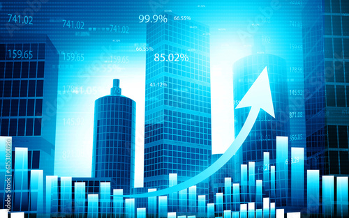 Skyline in modern business background.building with arrow graph. 3d illustration.