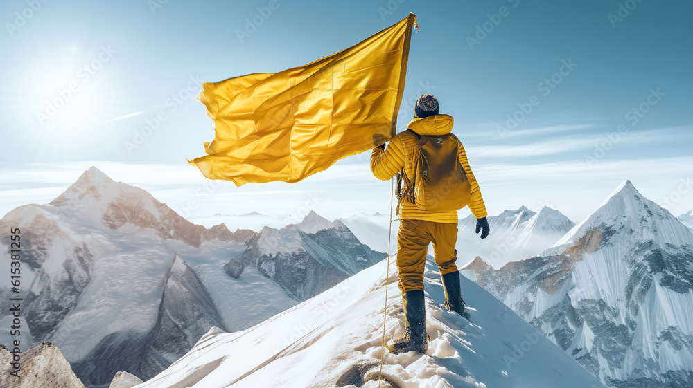 Goal to success or human performance with person climbing and  raising flag on everest mountain peak.inspiration and motivation.generative ai technology - obrazy, fototapety, plakaty 