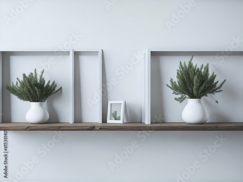Elegant interior still life. Two floating shelves. Blank wooden picture frame mockup template. Textured vase with olive tree branches and old books. AI Generator image. White wall background.  (ID: 615381401)