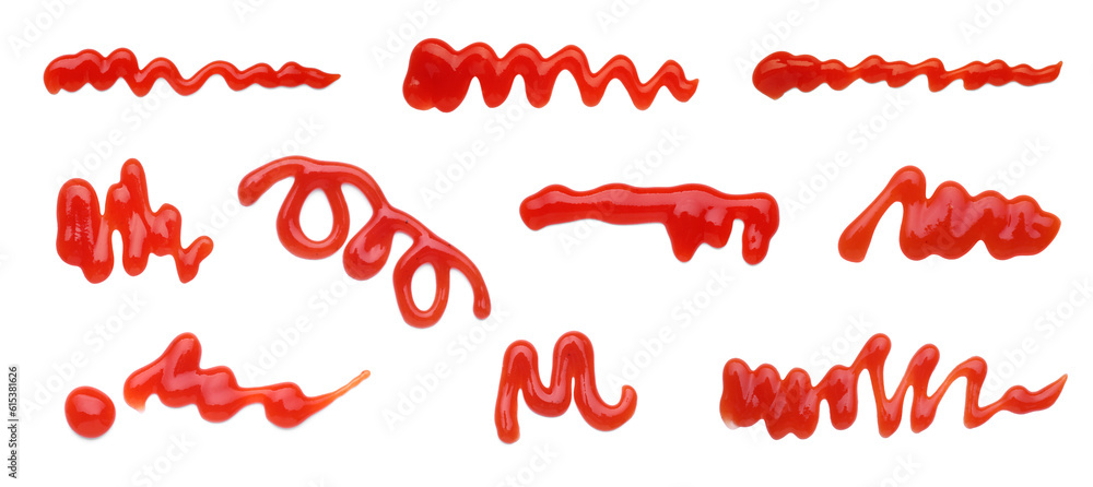 Set of different ketchup smears on white background, top view Set of different ketchup smears on white background, top view