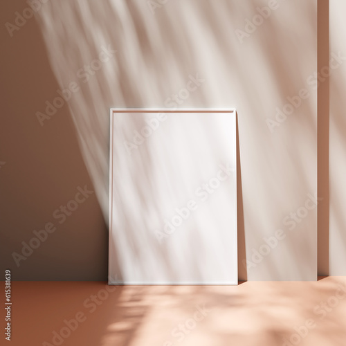 Poster photo frame mockup leanings against the pastel wall on the floor with leaves shadow