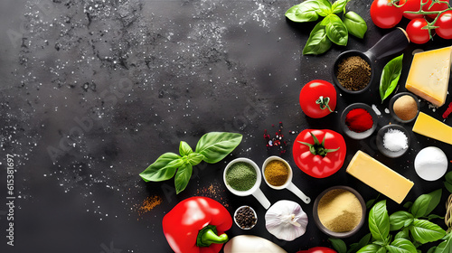 Food ingredients and spices tomatoes, cheese, garlic, pepper, salt, basil, delicious cooking ingredients on black concrete background. Copyspace. Top view. Banner. Generative AI.