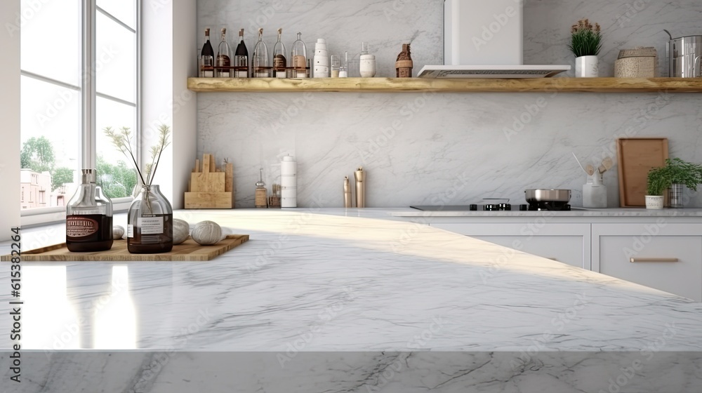 Interior of modern kitchen with white marble countertop and wooden ...