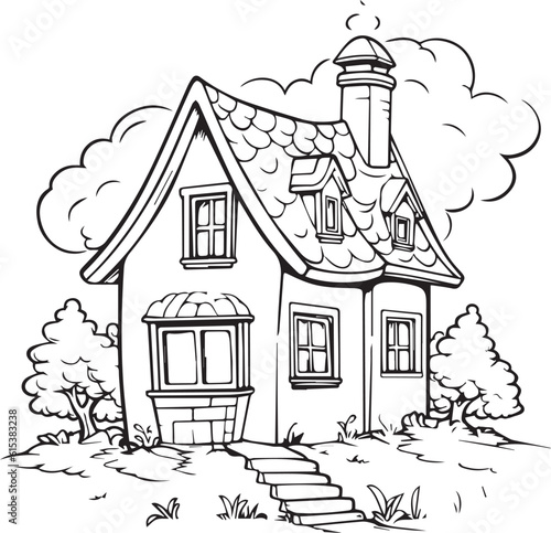 House coloring page for kids house drawing black and white iso size ready print
