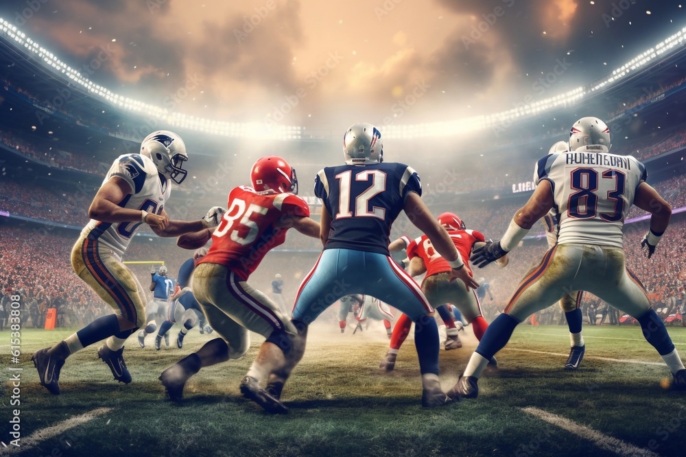 American Football Championship. Teams Ready: Professional Players, Aggressive Face-off, Ready for Pushing, Tackling. Competition Full of Brutal Energy, Power. Shot with Dramatic Light Generative AI