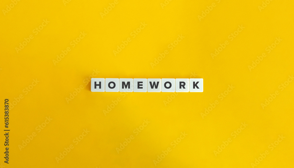 Αυτοκόλλητο Homework Work on Block Letter Tiles on Yellow Background
