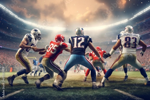 American Football Championship. Teams Ready: Professional Players, Aggressive Face-off, Ready for Pushing, Tackling. Competition Full of Brutal Energy, Power. Shot with Dramatic Light Generative AI photo