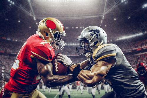 American Football Championship. Teams Ready: Professional Players, Aggressive Face-off, Ready for Pushing, Tackling. Competition Full of Brutal Energy, Power. Shot with Dramatic Light Generative AI