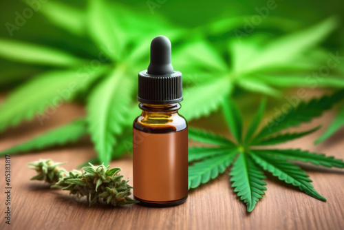 Cosmetics cannabis oil. Marijuana leaf with dropper bottle mockup. AI generative