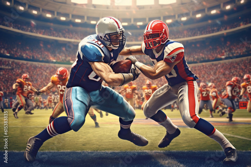 American Football Championship. Teams Ready: Professional Players, Aggressive Face-off, Ready for Pushing, Tackling. Competition Full of Brutal Energy, Power. Shot with Dramatic Light Generative AI
