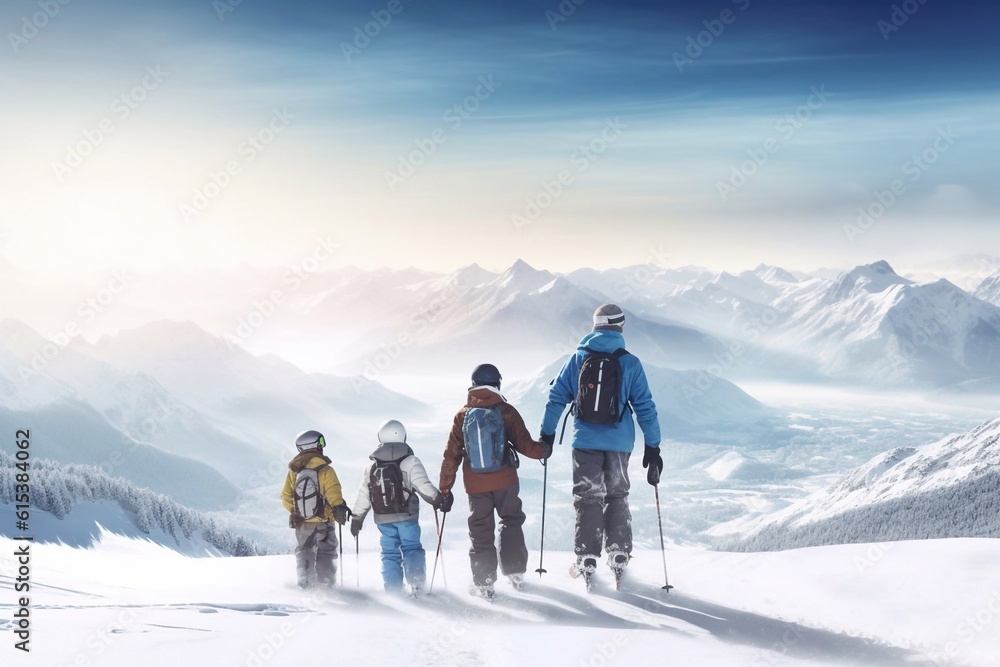 Family ski vacation. Group of young skiers in the Alps mountains. Mother and children skiing in winter. Parents teach kids alpine downhill skiing. Ski gear and eye wear, safe helmets. Generative AI - obrazy, fototapety, plakaty 